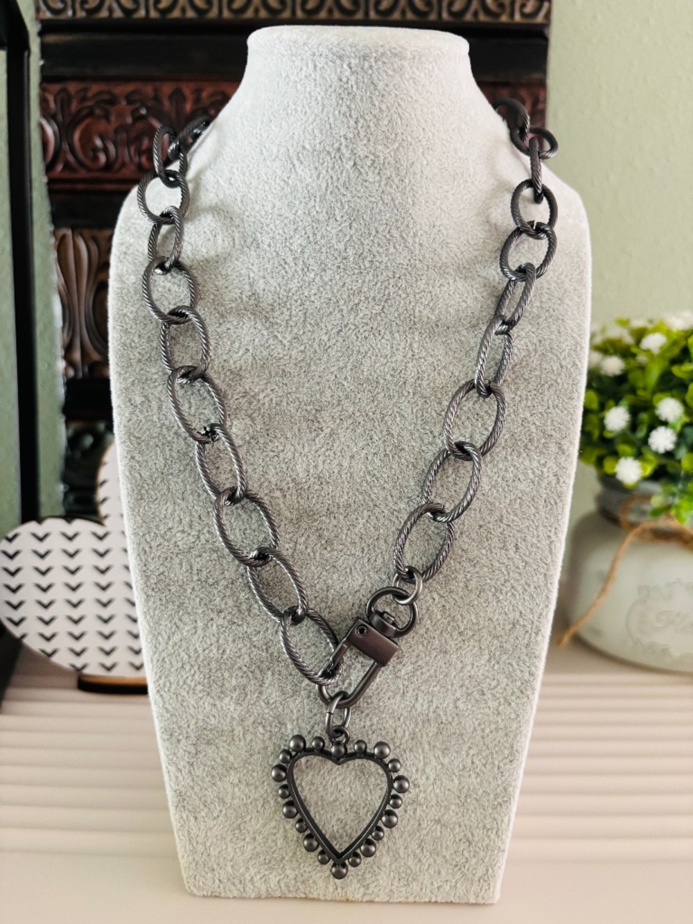 Chunky hematite chain necklace with heart pendant